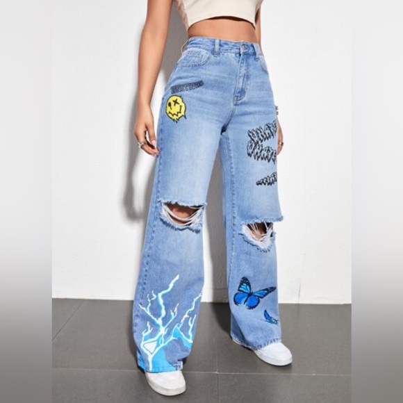 Blue Distressed Graphic Women's Jeans - Picture 1 of 4